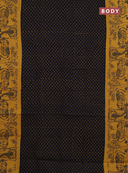 Sungudi cotton saree black and mustard yellow with allover batik butta prints and printed border