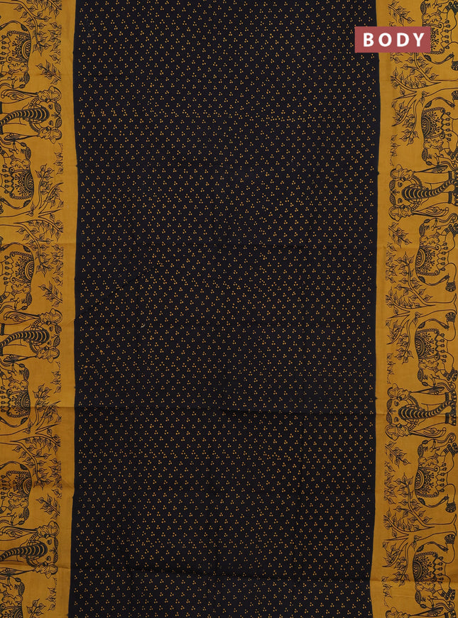 Sungudi cotton saree black and mustard yellow with allover batik butta prints and printed border