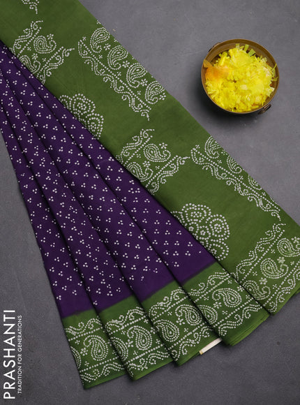 Sungudi cotton saree purple and green with allover batik butta prints and printed border