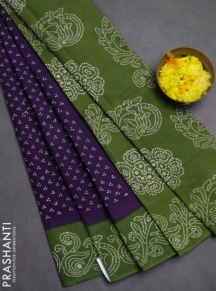 Sungudi cotton saree purple and green with allover batik butta prints and printed border