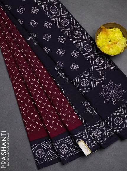 Sungudi cotton saree maroon and violet with allover batik butta prints and printed border