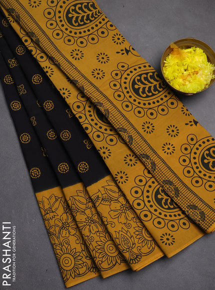 Sungudi cotton saree black and mustard yellow with allover batik butta prints and printed border