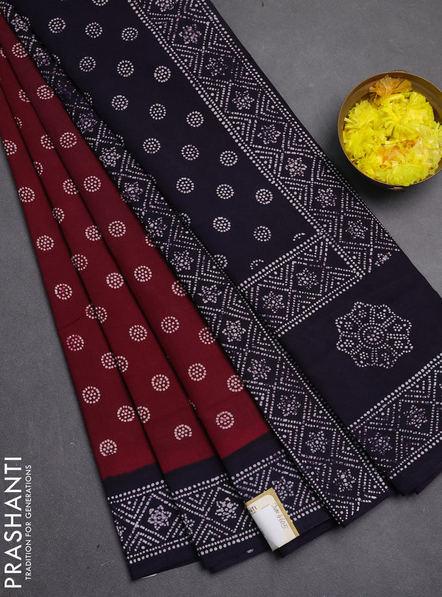 Sungudi cotton saree deep wine shade and jamun shade with allover batik prints and printed border