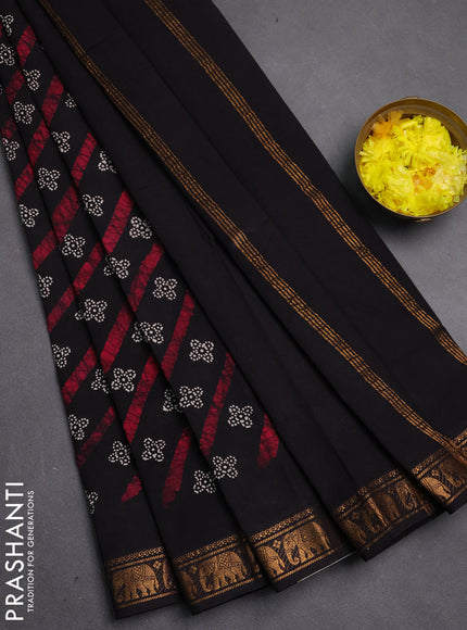 Sungudi cotton saree black with allover batik butta prints and zari woven border