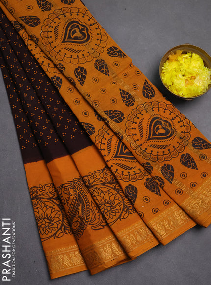 Sungudi cotton saree dark coffee brwon and mustard yellow with allover batik butta prints and zari woven printed border