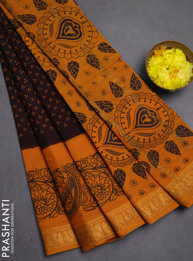 Sungudi cotton saree dark coffee brwon and mustard yellow with allover batik butta prints and zari woven printed border