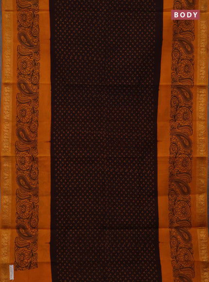 Sungudi cotton saree dark coffee brwon and mustard yellow with allover batik butta prints and zari woven printed border