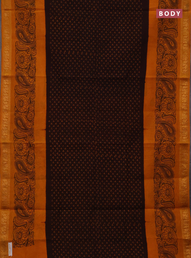 Sungudi cotton saree dark coffee brwon and mustard yellow with allover batik butta prints and zari woven printed border