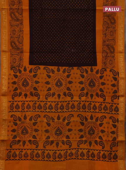 Sungudi cotton saree dark coffee brwon and mustard yellow with allover batik butta prints and zari woven printed border