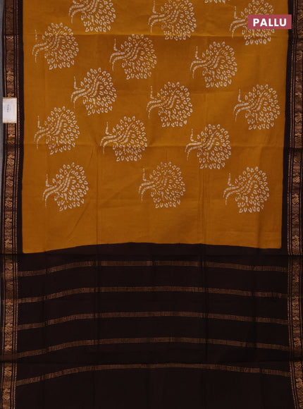 Sungudi cotton saree mustard yellow and coffee brown with allover batik butta prints and zari woven border