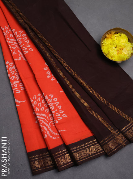 Sungudi cotton saree orange and coffee brown with allover batik butta prints and zari woven border
