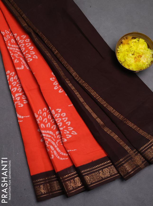 Sungudi cotton saree orange and coffee brown with allover batik butta prints and zari woven border