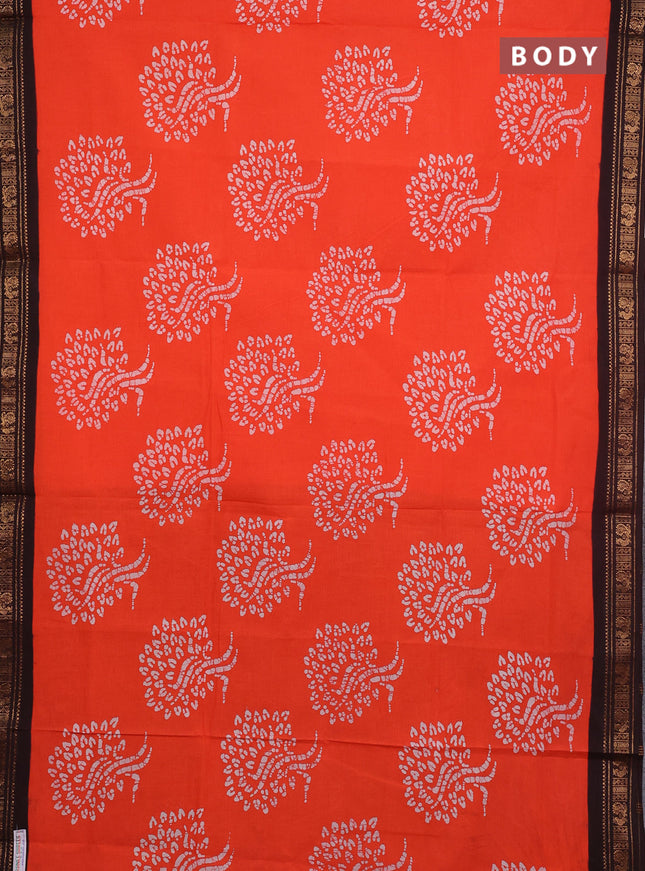 Sungudi cotton saree orange and coffee brown with allover batik butta prints and zari woven border