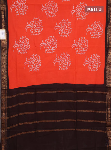 Sungudi cotton saree orange and coffee brown with allover batik butta prints and zari woven border