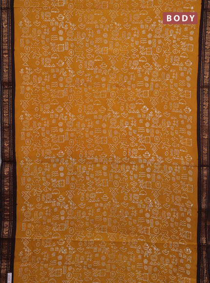 Sungudi cotton saree mustard yellow and coffee brown with allover batik prints and zari woven border