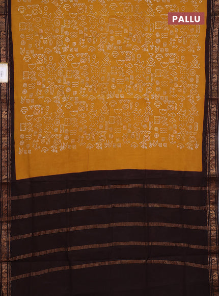 Sungudi cotton saree mustard yellow and coffee brown with allover batik prints and zari woven border