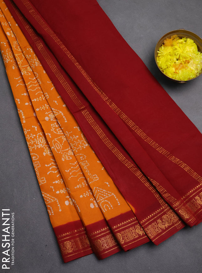 Sungudi cotton saree mustard yellow and maroon with allover batik prints and zari woven border
