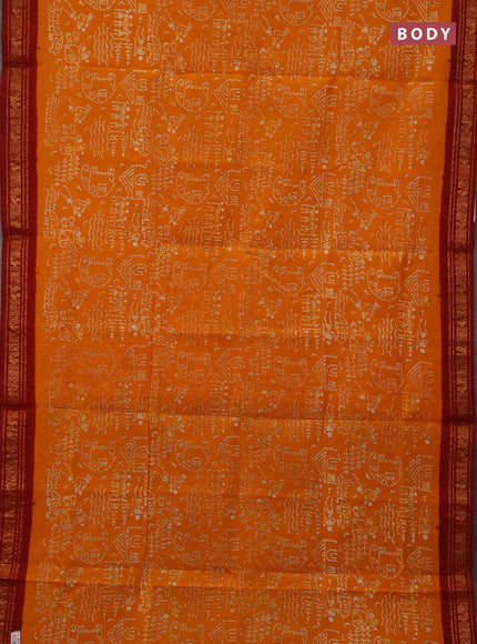 Sungudi cotton saree mustard yellow and maroon with allover batik prints and zari woven border