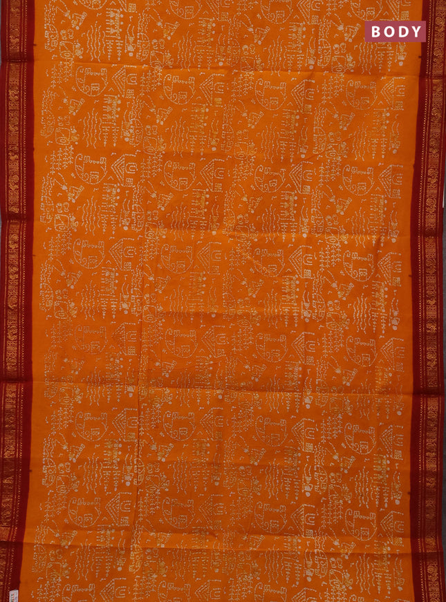 Sungudi cotton saree mustard yellow and maroon with allover batik prints and zari woven border