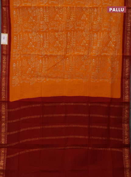 Sungudi cotton saree mustard yellow and maroon with allover batik prints and zari woven border