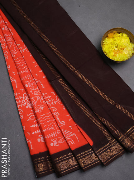 Sungudi cotton saree orange and coffee brown with allover batik prints and zari woven border