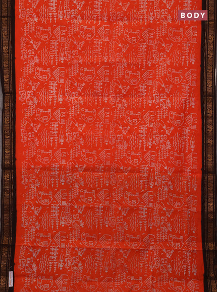 Sungudi cotton saree orange and coffee brown with allover batik prints and zari woven border