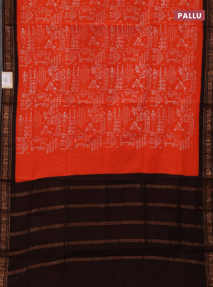 Sungudi cotton saree orange and coffee brown with allover batik prints and zari woven border