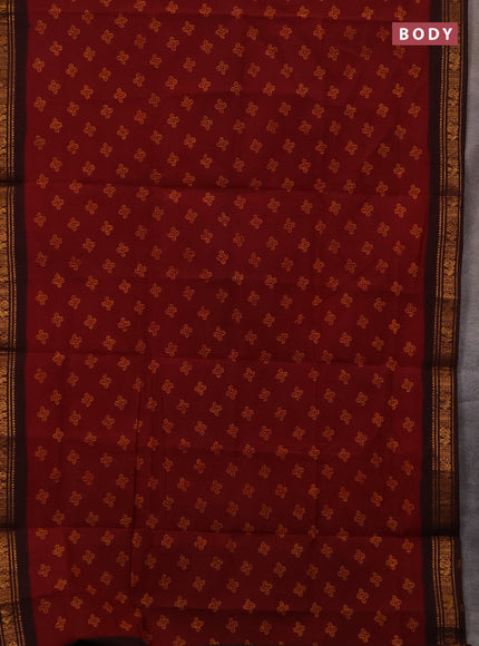 Sungudi cotton saree maroon and coffee brown with allover batik butta prints and zari woven border