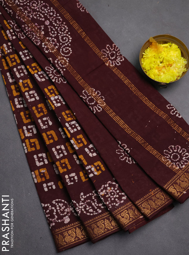 Sungudi cotton saree deep brown with allover batik butta prints and printed zari woven border