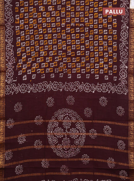 Sungudi cotton saree deep brown with allover batik butta prints and printed zari woven border