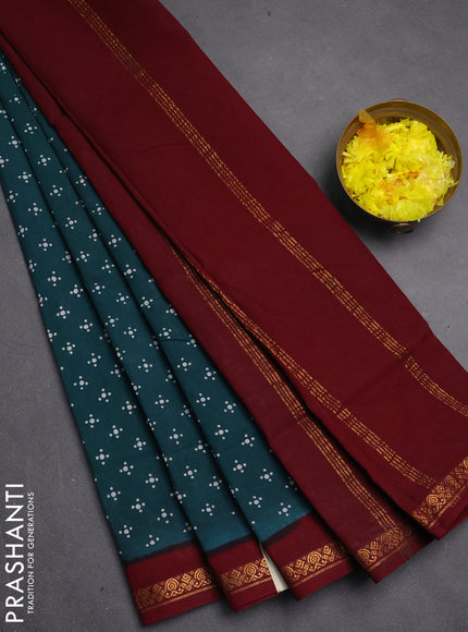 Sungudi cotton saree teal green and maroon with allover batik butta prints and zari woven border