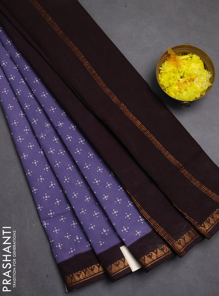 Sungudi cotton saree greyish blue and dark coffee brown with allover batik butta prints and zari woven border