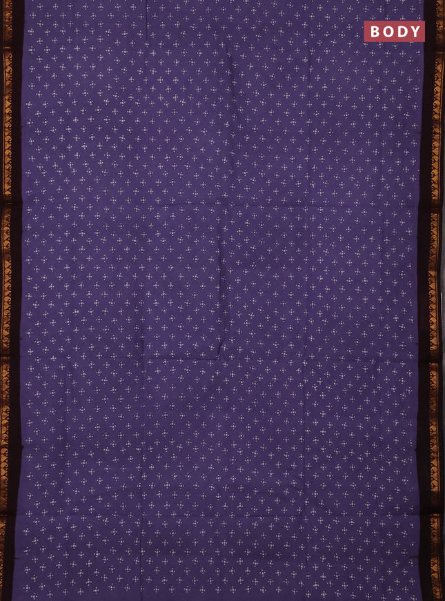 Sungudi cotton saree greyish blue and dark coffee brown with allover batik butta prints and zari woven border
