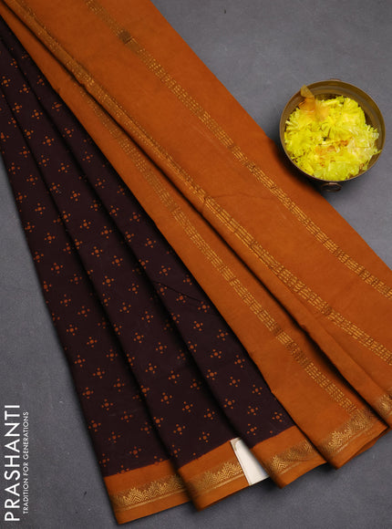 Sungudi cotton saree coffee brown and mustard yellow with allover batik butta prints and zari woven border