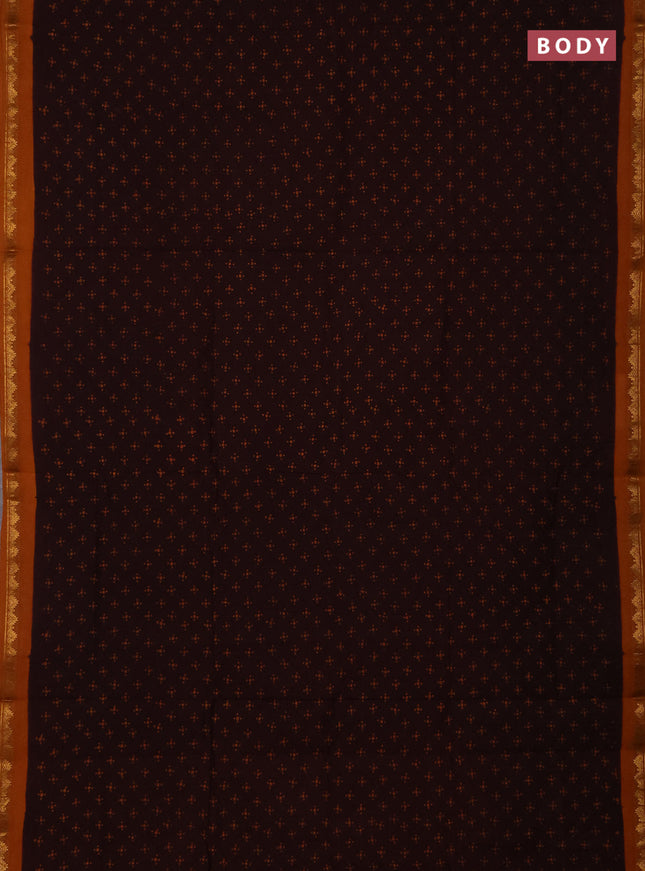 Sungudi cotton saree coffee brown and mustard yellow with allover batik butta prints and zari woven border