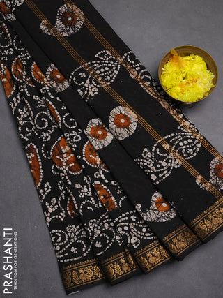 Sungudi cotton saree black with allover batik prints and zari woven printed border