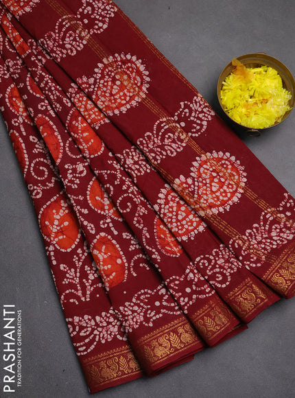 Sungudi cotton saree maroon with allover batik prints and zari woven printed border
