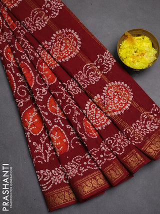 Sungudi cotton saree maroon with allover batik prints and zari woven printed border