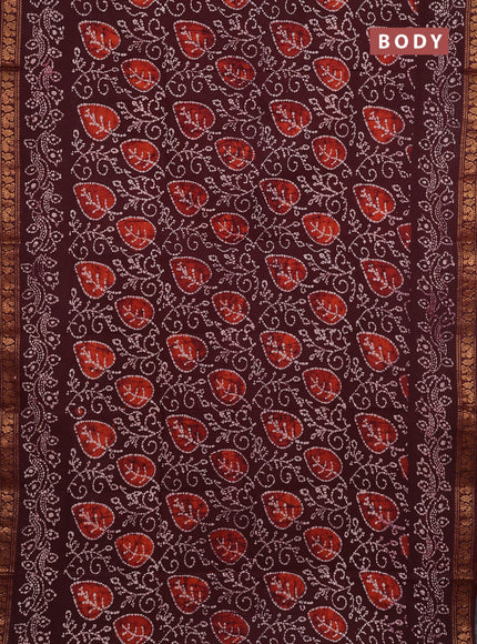 Sungudi cotton saree deep brown with allover batik prints and zari woven printed border