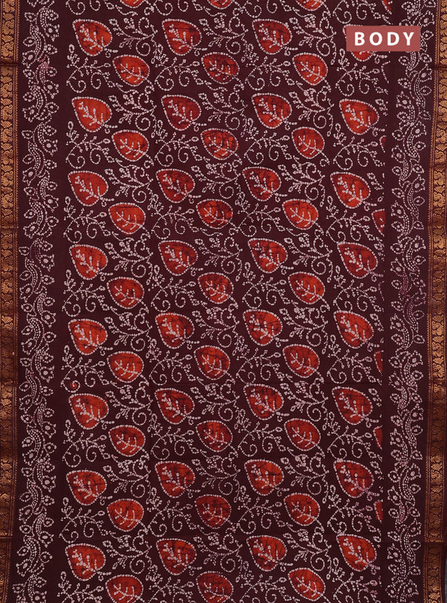 Sungudi cotton saree deep brown with allover batik prints and zari woven printed border