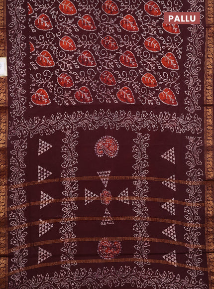 Sungudi cotton saree deep brown with allover batik prints and zari woven printed border