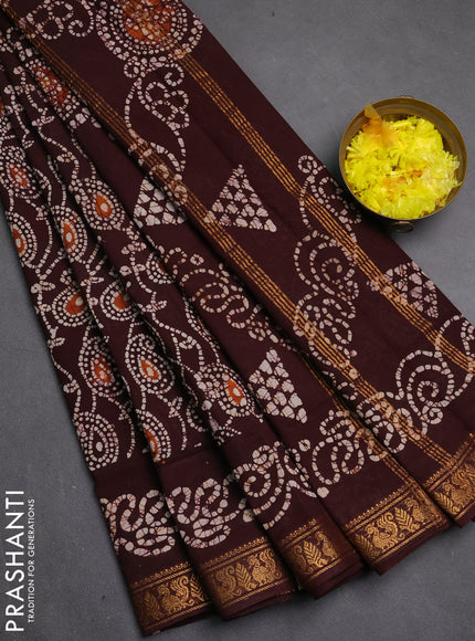 Sungudi cotton saree coffee brown with allover batik prints and zari woven border