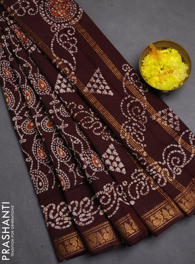 Sungudi cotton saree coffee brown with allover batik prints and zari woven border