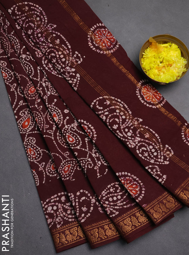 Sungudi cotton saree deep brown with allover batik prints and zari woven printed border