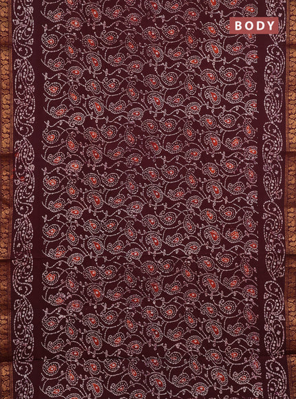 Sungudi cotton saree deep brown with allover batik prints and zari woven printed border