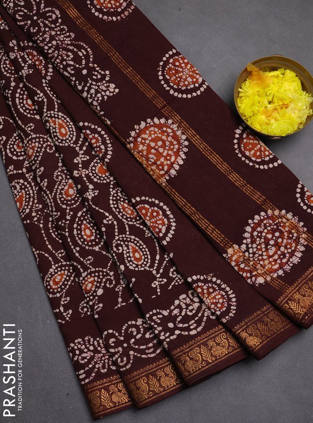 Sungudi cotton saree deep brown with allover batik prints and zari woven printed border