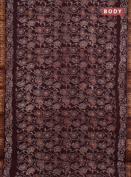 Sungudi cotton saree deep brown with allover batik prints and zari woven printed border