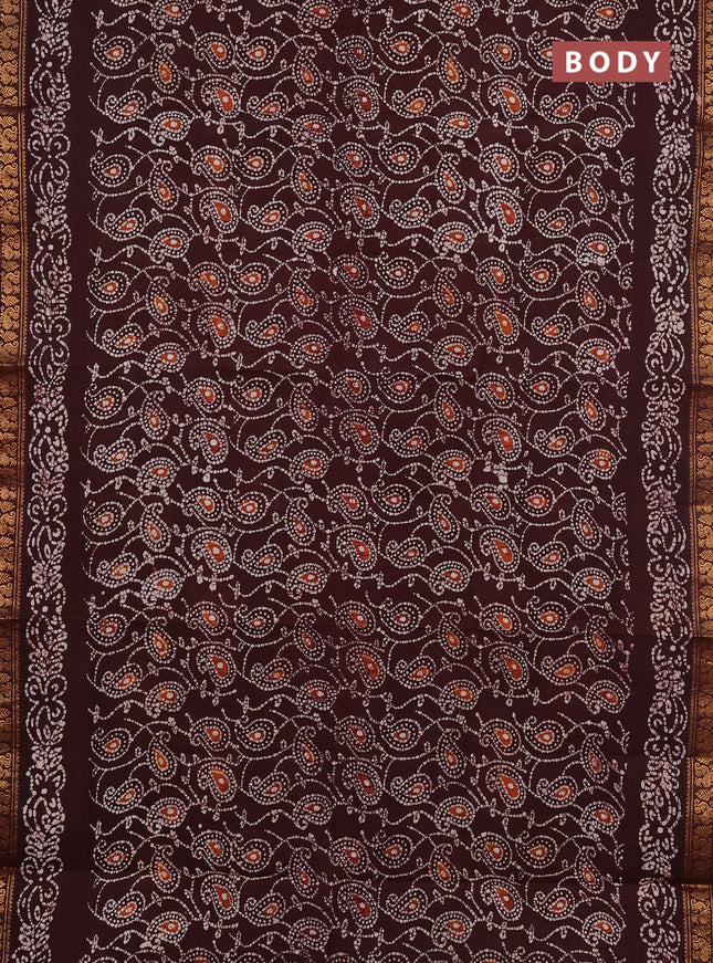 Sungudi cotton saree deep brown with allover batik prints and zari woven printed border