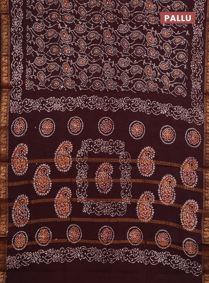 Sungudi cotton saree deep brown with allover batik prints and zari woven printed border