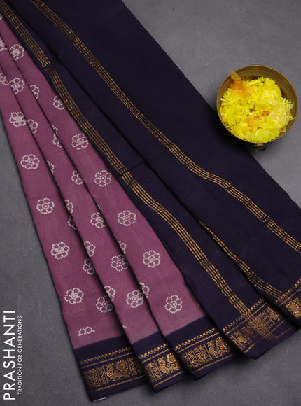 Sungudi cotton saree pastel purple and navy blue with allover batik butta prints and zari woven border